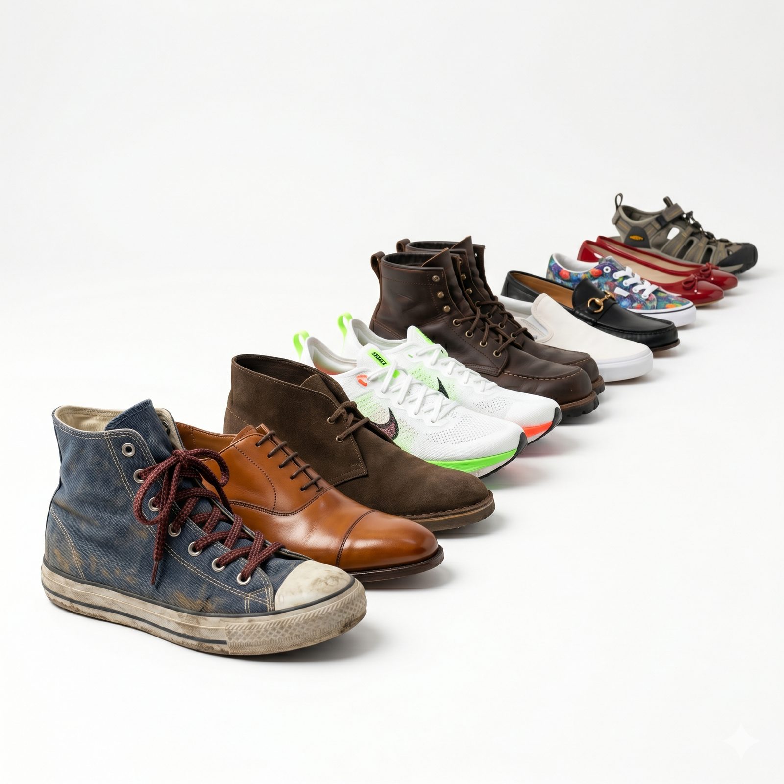 A row of worn children's shoes — boots, sneakers, sandals, in different sizes and conditions